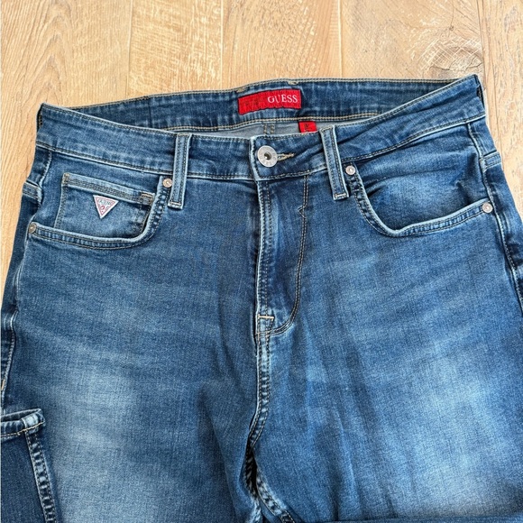 Guess Mens Athletic Tapered Denim Jeans Sz 32x28 Med Dark Wash - Picture 6 of 7